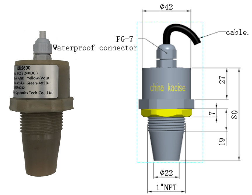 Medidor ultrassônico de nível de água IP68 5m Saída RS485 Sensor de nível líquido PVDF KUS600